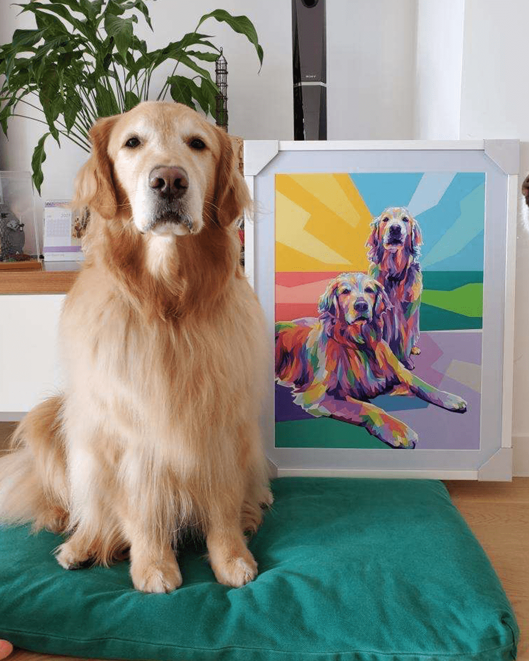 Golden Custom Made Portrait Dog Frame on Bed